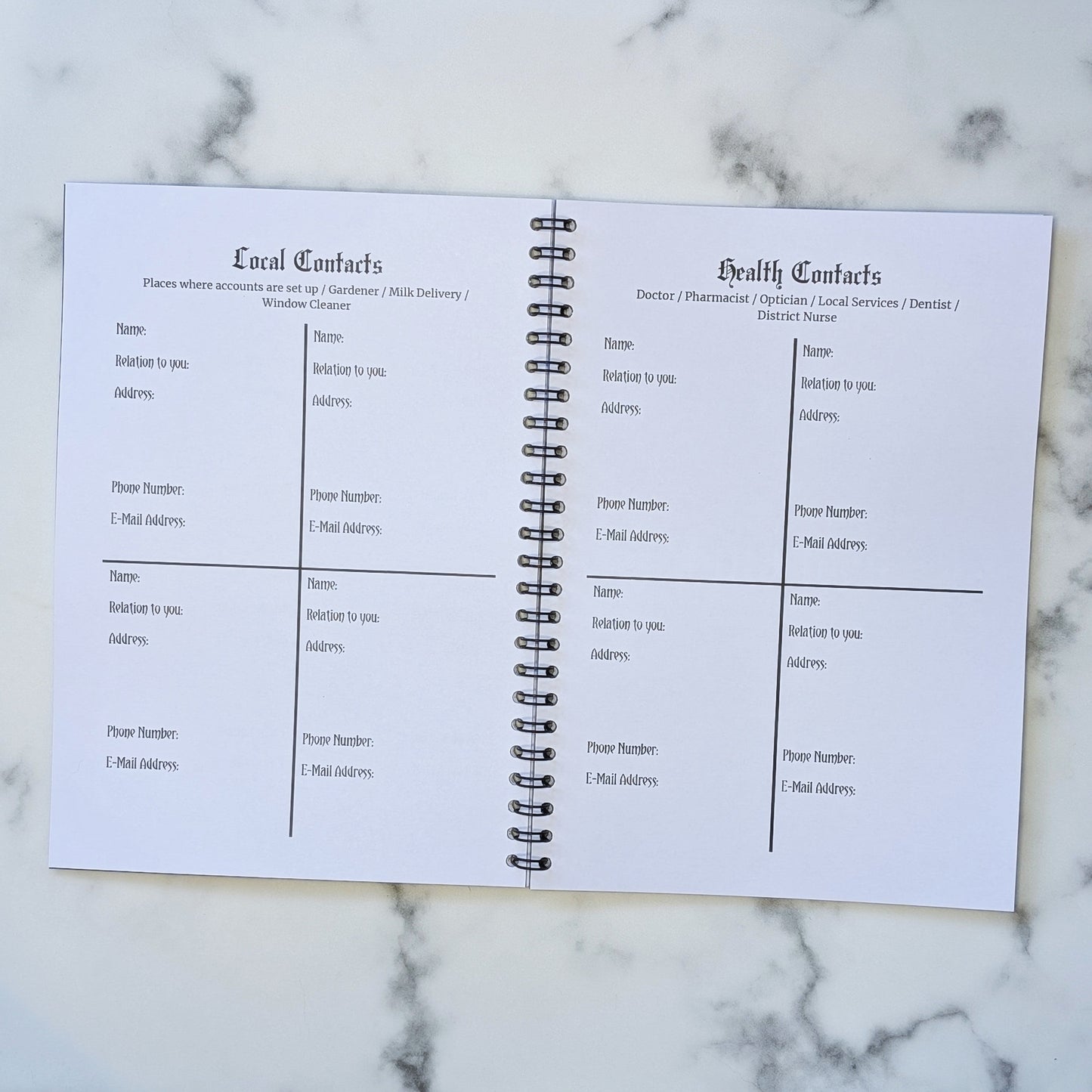 Two page view of the Rest In Peace Planner by Gothic Office.  These pages are for Local Contacts and Health Contacts.
