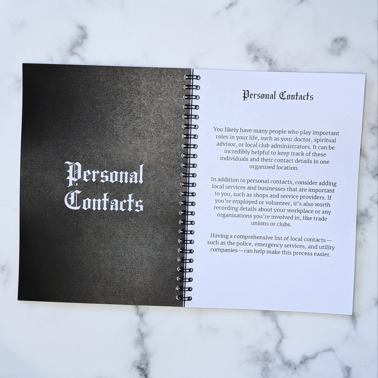 A page in the Gothic Office Rest In Peace Book about Personal Contacts.