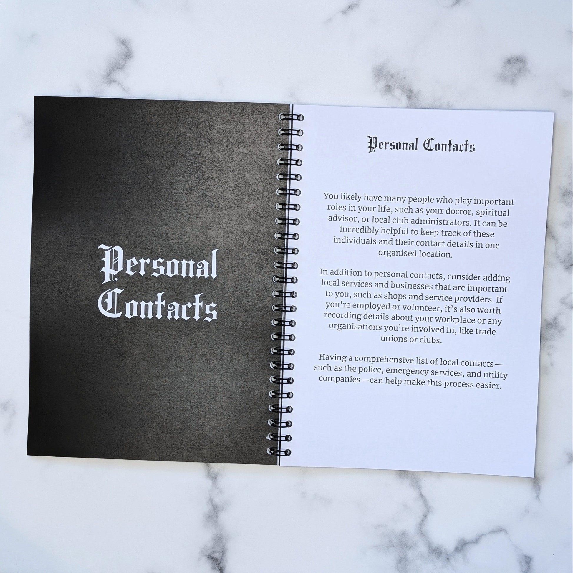 A page in the Gothic Office Rest In Peace Book about Personal Contacts.