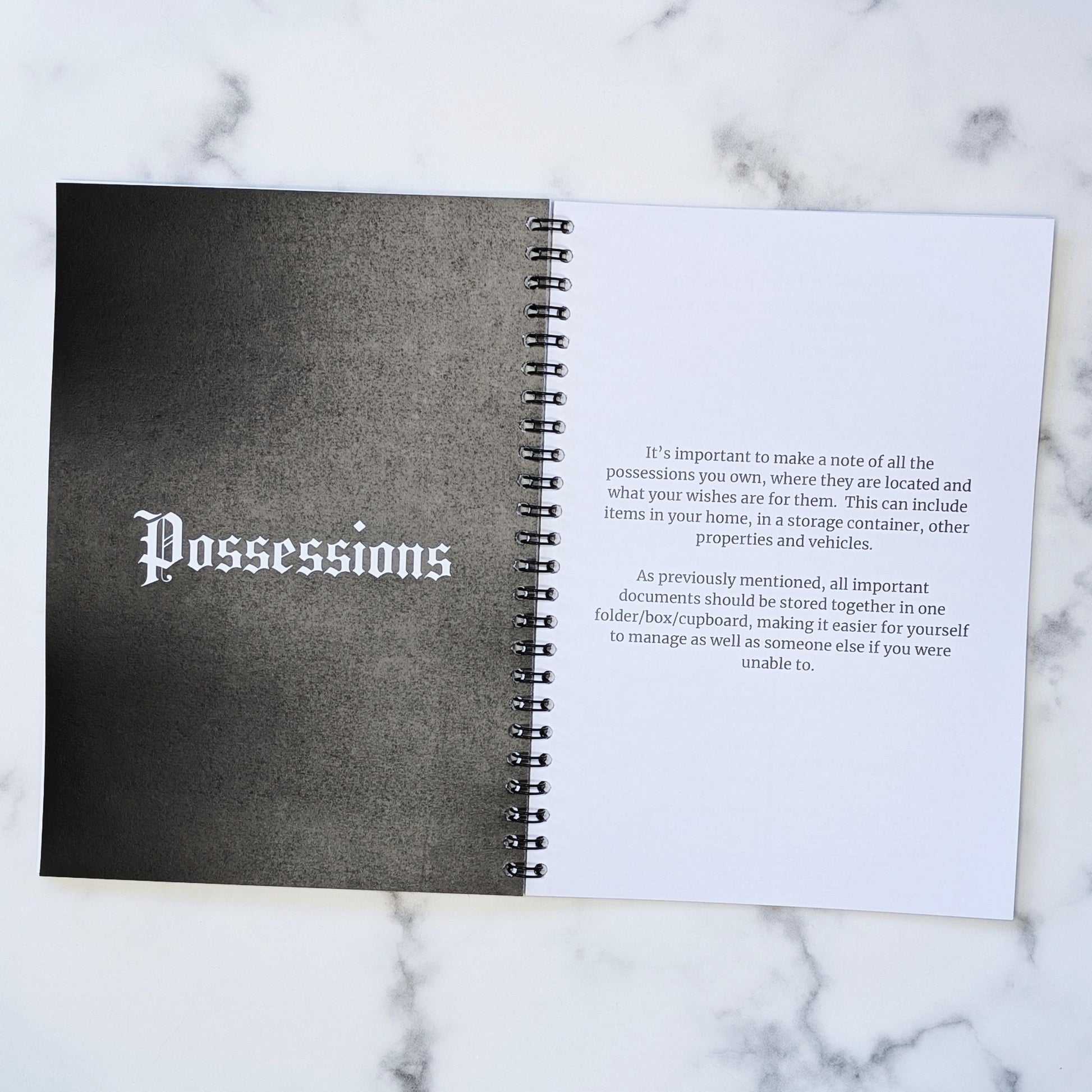 A page in the Gothic Office Rest In Peace Book about Possessions.